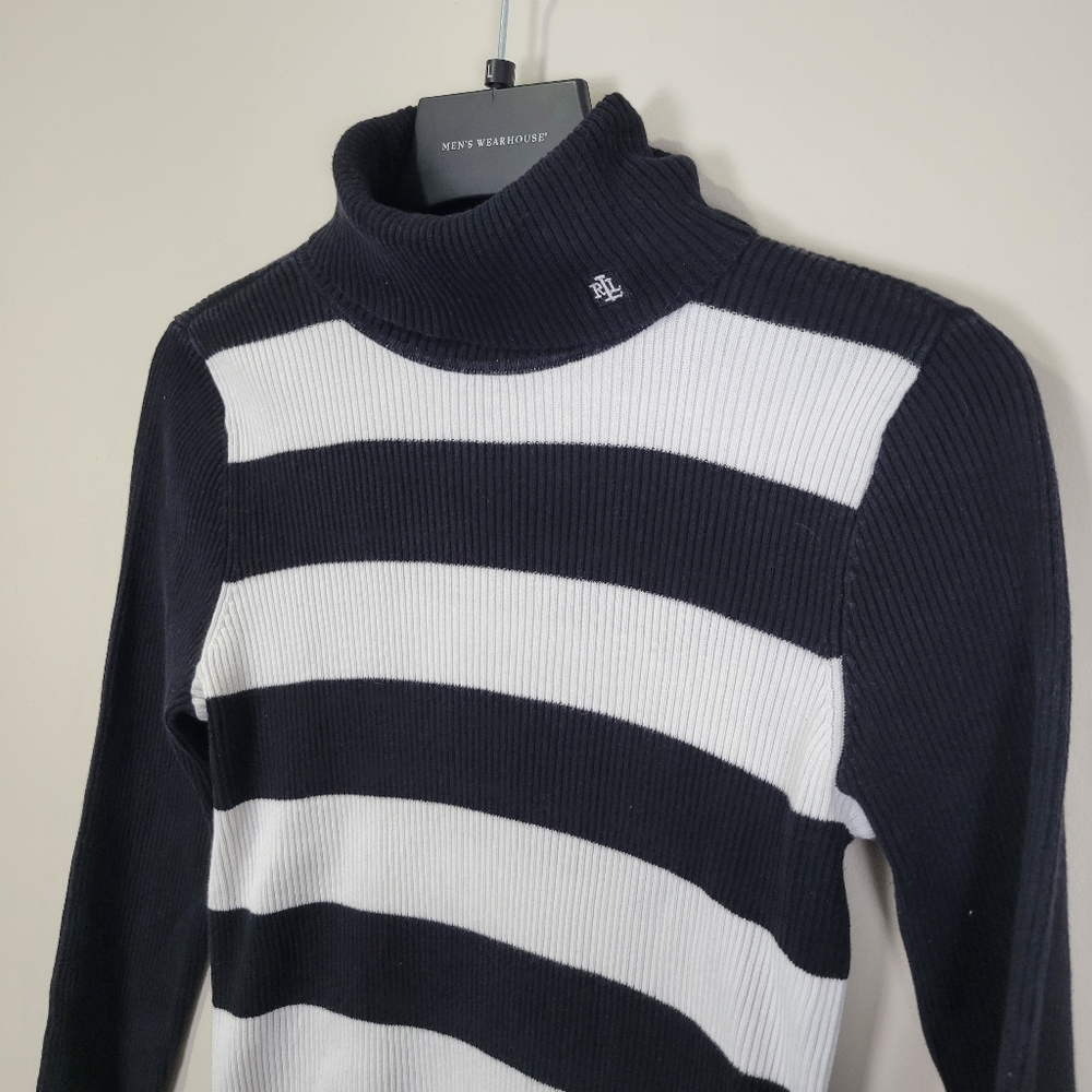 Lauren Ralph Lauren Womens Sweater Medium Turtleneck Ribbed Knit Cotton Logo